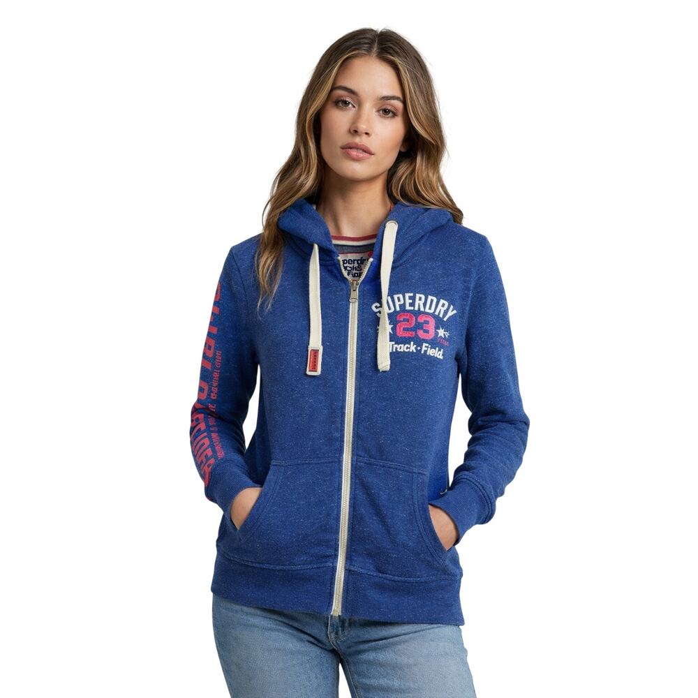 Superdry Track & Field Zip Hoodie Blue Japanese Graphic Logo Size Medium